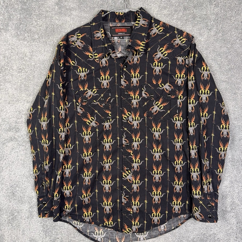 Rock & Roll Denim Shirt Mens M Aztec Western Pearl Snap Barbed Wire Steer Flames - Picture 3 of 13